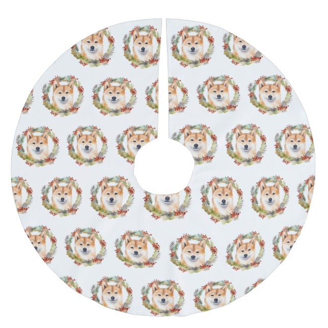 Saia Para Árvore De Natal De Poliéster Shiba Inu Wreath Festivo (Frente)