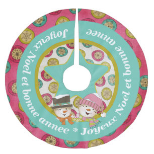 Saia Para Árvore De Natal De Poliéster Snowmen Joyeux Noel 2 Holidy Tree Skirt