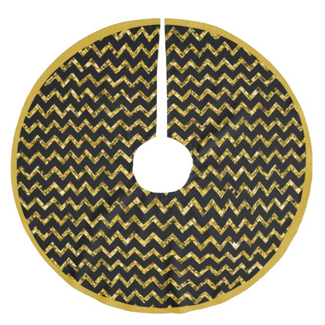 Saia Para Árvore De Natal De Poliéster Sparkle Glitter Black Chevron Dourado Elegante (Frente)