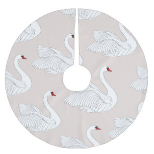 Saia Para Árvore De Natal De Poliéster Swan Elegance: Padrão Branco Ornamental.