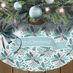 Saia Para Árvore De Natal De Poliéster Teal Christmas Holly Berries Pattern#17 ID1009