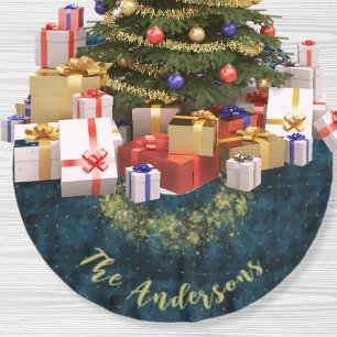 Saia Para Árvore De Natal De Poliéster Teal Dourado, Flocos de Neve Velvet Natal