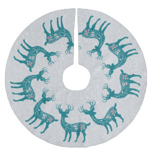 Saia Para Árvore De Natal De Poliéster Teal Reindeer Padrão Silver Glitter