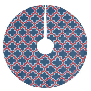 Saia Para Árvore De Natal De Poliéster Trellis, Latice, Quatrefoil, azul e vermelho marro