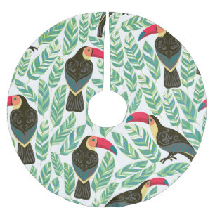 Saia Para Árvore De Natal De Poliéster Tucanos, folhas tropicais, padrão decorativo.
