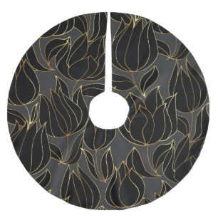 Saia Para Árvore De Natal De Poliéster Tulipas Douradas Pretas: Padrão Floral de Luxo