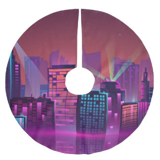 Saia Para Árvore De Natal De Poliéster Uma paisagem urbana noturna brilhante, vintage.