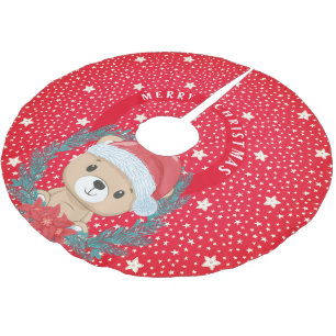 Saia Para Árvore De Natal De Poliéster Ursinho Vermelho e Estrelas Brancas Feliz Natal
