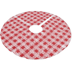 Saia Para Árvore De Natal De Poliéster Vermelho branco renda xadrez vintage casa de fazen