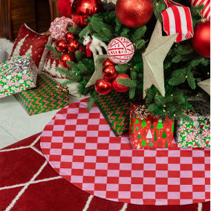 Saia Para Árvore De Natal De Poliéster Vermelho Brilhante e Xadrez Rosa Claro