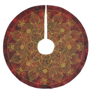 Saia Para Árvore De Natal De Poliéster Vermelho Floral Elegante, Preto e Dourado Mandala