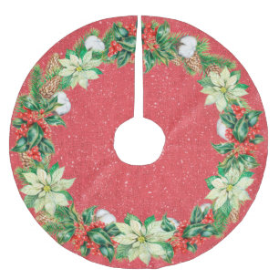Saia Para Árvore De Natal De Poliéster White Poinsettias, Holly e Berries