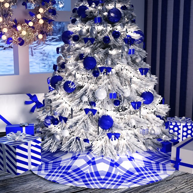 Saia Para Árvore De Natal De Poliéster Xadrez de Natal Azul e Branco (Criador carregado)