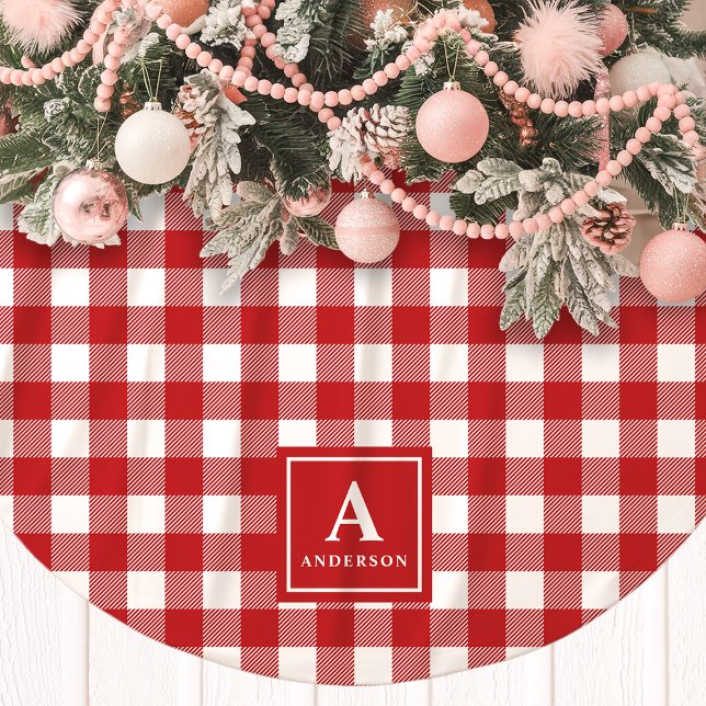 Saia Para Árvore De Natal De Poliéster Xadrez Ginga Vermelho e Branco Monograma (Criador carregado)