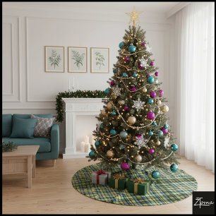 Saia Para Árvore De Natal De Poliéster Xadrez/Tartan Verde Amarelo Escuro Vintage