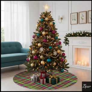 Saia Para Árvore De Natal De Poliéster Xadrez Verde Neon Rosa Ciberpunk Tartan