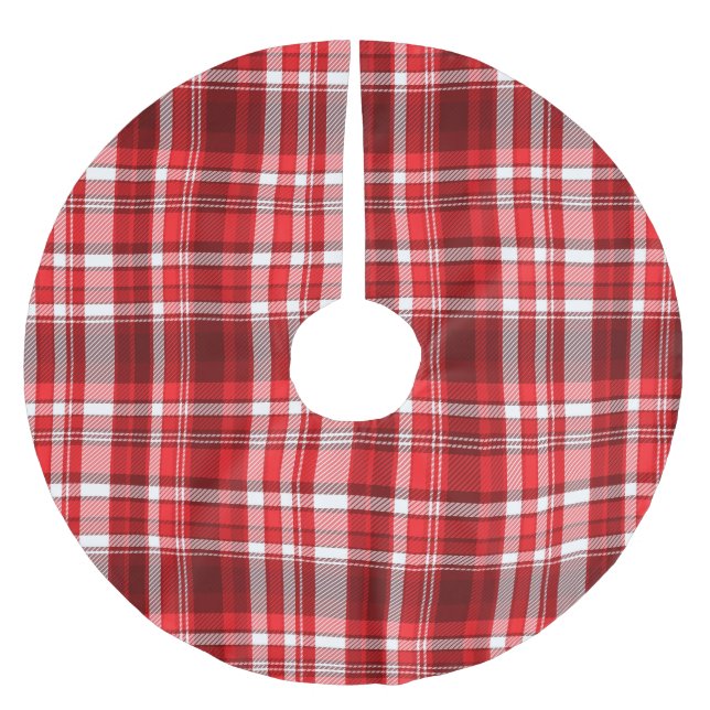 Saia Para Árvore De Natal De Poliéster Xadrez Vermelha Festiva e Branca (Frente)