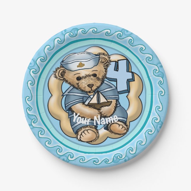 Sailor Bear, 4 anos, pratos de papel de aniversári (Frente)