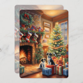 Sala decorada festiva, lareira, cães, vintage