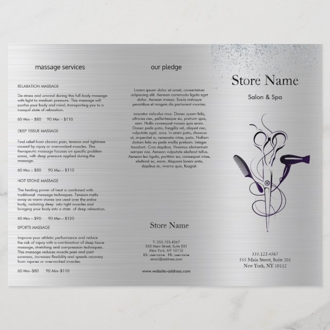 Salão de Beleza Silver Glitter Trifold Bruchure (Frente)