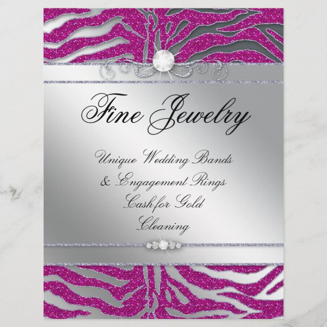 Salon Flyer Jewelry Hair Nail Zebra Glitter Rosa (Frente)