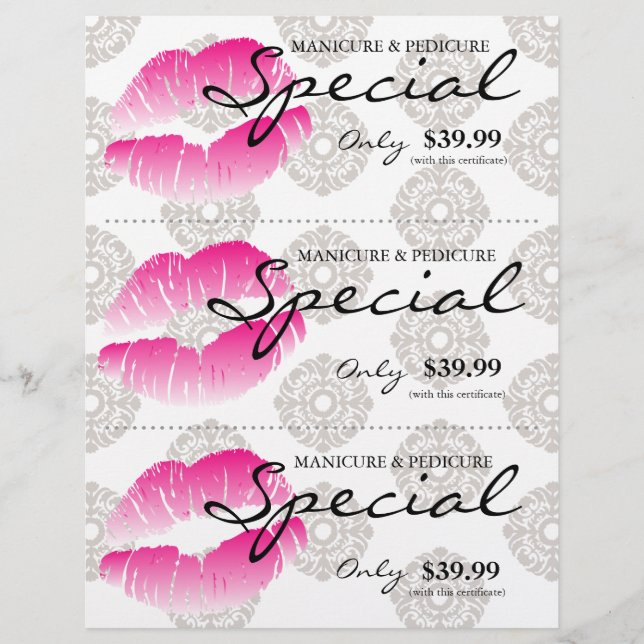 Salon Flyer Spa Lábios Rosa Damask Floral (Frente)
