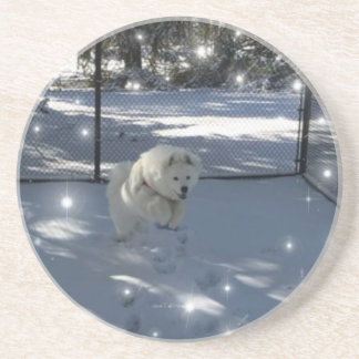 Saltando Samoiado na porta copos de neve