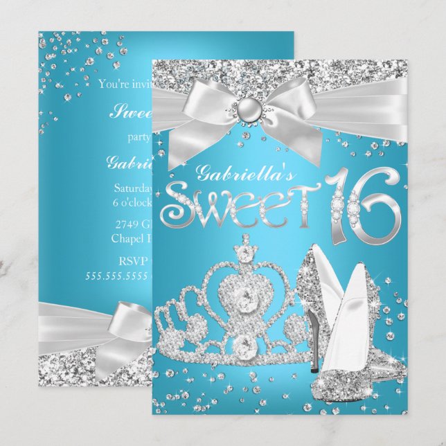 Saltos Tiara Brilho Convite Sweet 16 Azul (Frente/Verso)