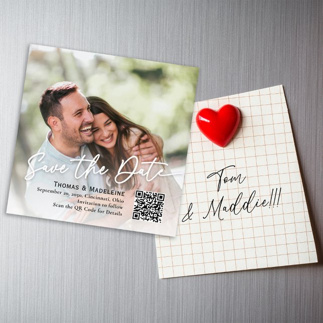 Salvar a Magnética de Fotos do Script de Caligrafi (Wedding save the date photo magnetic card. with a simple QR code. )