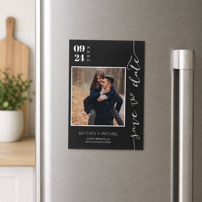 Salvar data de casamento com foto preta moderna (Modern black photo save the date featuring elegant handwritten script.)