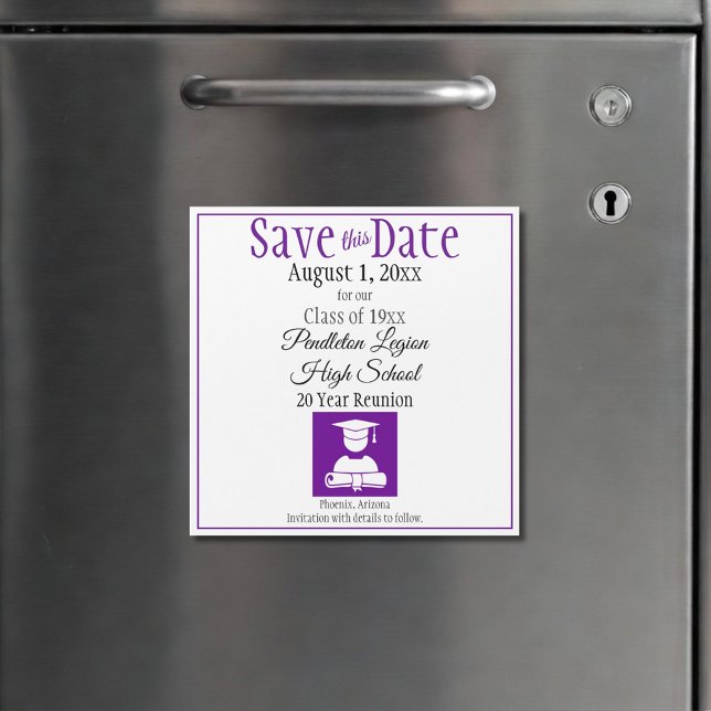 Salvar O Íman Preto Roxo Da Classe De Data (custom purple and white class reunion save the date magnet)