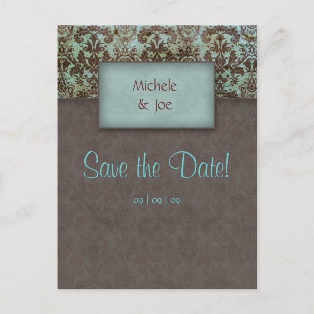 Salve a data Turquoise Brown Damask Cartão postal  (Frente)
