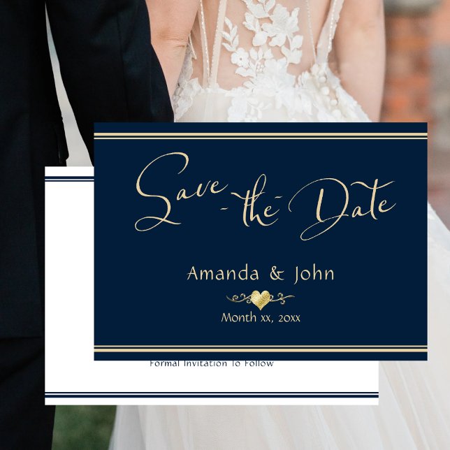 Salve O Cartão De Noivado Dourado Do Marinho De Da (Wedding Save The Date Navy Gold Engagement Card)