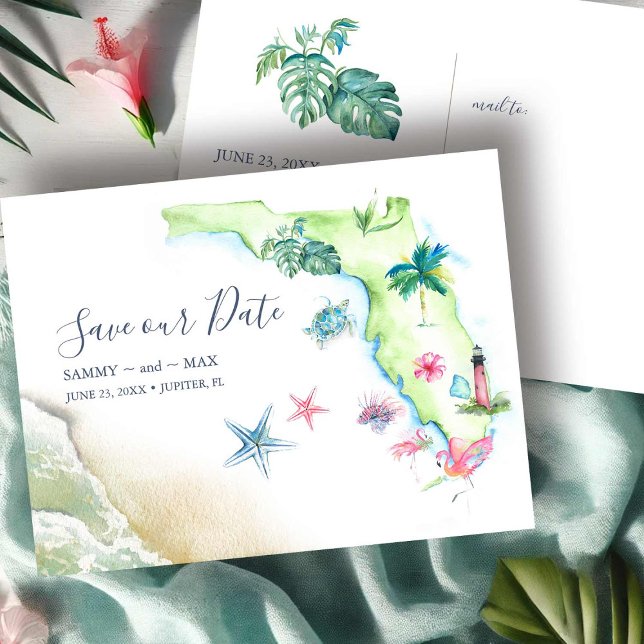 Salve o Cartão postal de Destino de Data na Flórid (save the date postcards features Florida map destination wedding art by Victoria Grigaliunas)