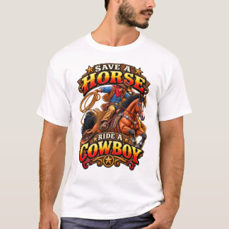 Salve um cavalo monte um cowboy Camiseta Básica Ma