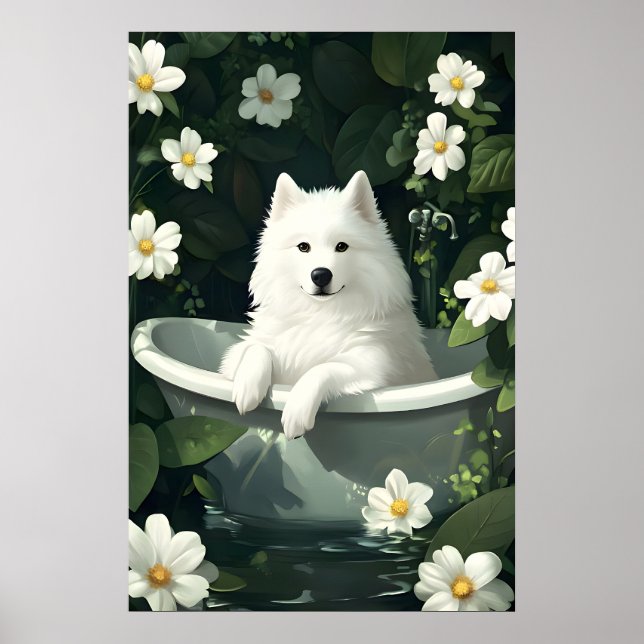 Samoyed In Bathtub Poster, Funny Dog Poster (Frente)