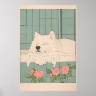 Samoyed no Banho Arte Ukiyo-e Impressão Kawaii Cac