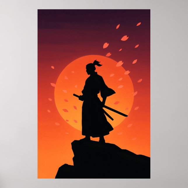 Samurai at Sunset Poster – Minimalist Silhouette W (Frente)