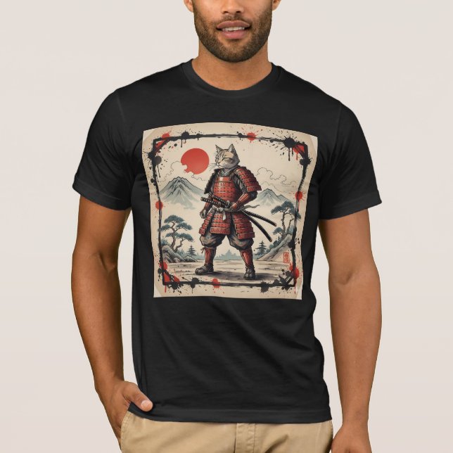 Samurai Cat Illustration T-Shirt | Japanese Sunset (Frente)