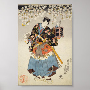 Samurai segurando Lanterna Katana Ukiyo-e Poster