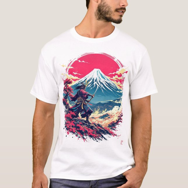 Samurai Warrior at Mount Fuji Japanese Art T-Shirt (Frente)