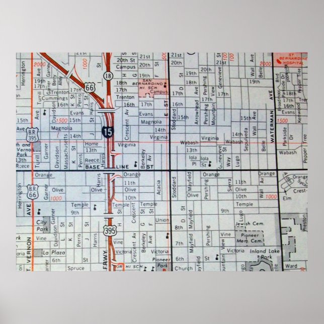 San Bernardino, CA Vintage Map Poster (Frente)