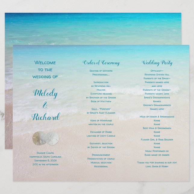Sand Dollares Beach Scene Trifold Wedding Program (Frente/Verso)