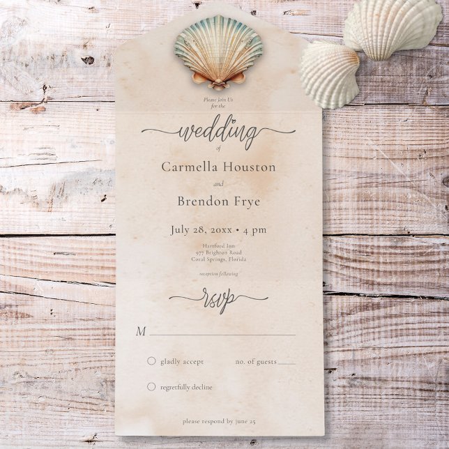 Sand Watercolor Modern Coastal Seashell Sem Janto (Modern Coastal Seashell Sand Watercolor No Dinner All In One Invitation)