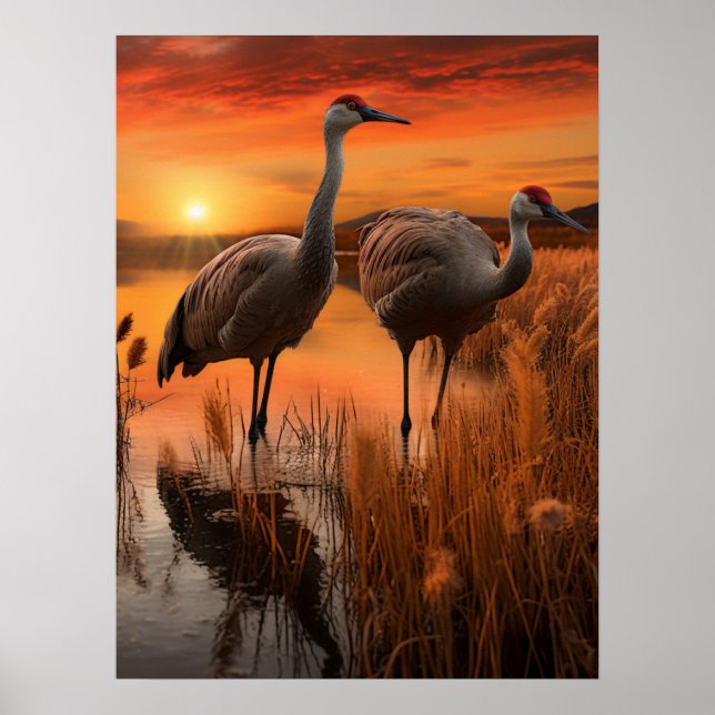 Sandhill Cranes em Dawn Poster (Frente)