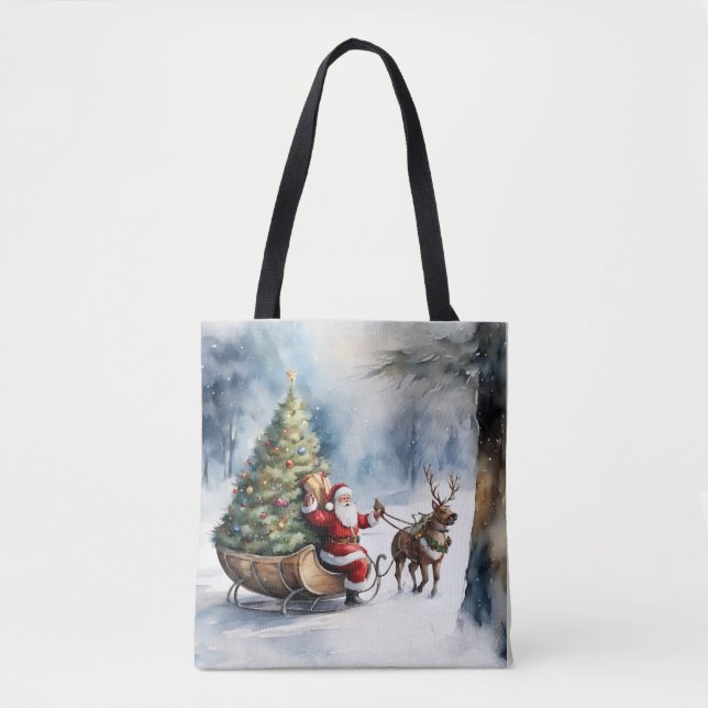 Santa Claus Snow Reindeer Sleigh Holiday Tote Bag (Frente)