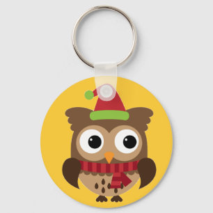 Santa Hat Coruja com Chaveiro de Botão Vermelho