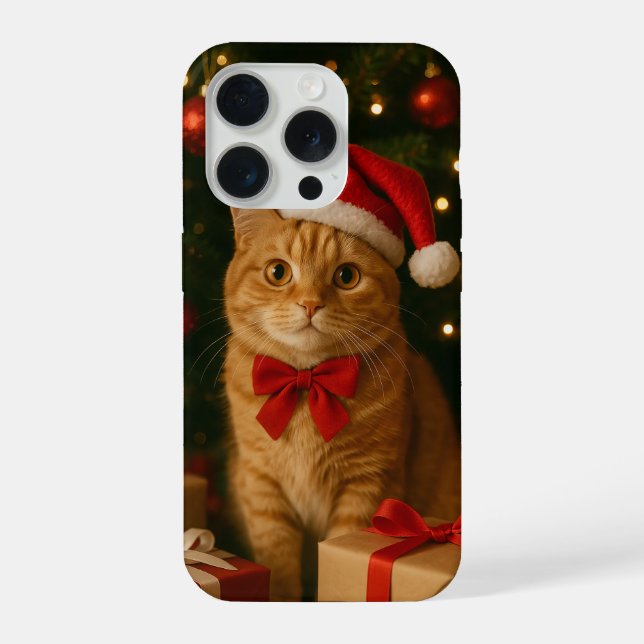 Santa Ribbon Cat iPhone 15 Pro Case (Verso)