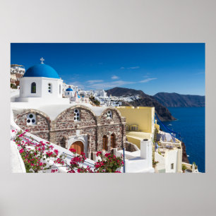 Santorini - igreja abobadada azul no poster de Oia