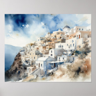 Santorini Oia Grécia Watercolor Art Poster